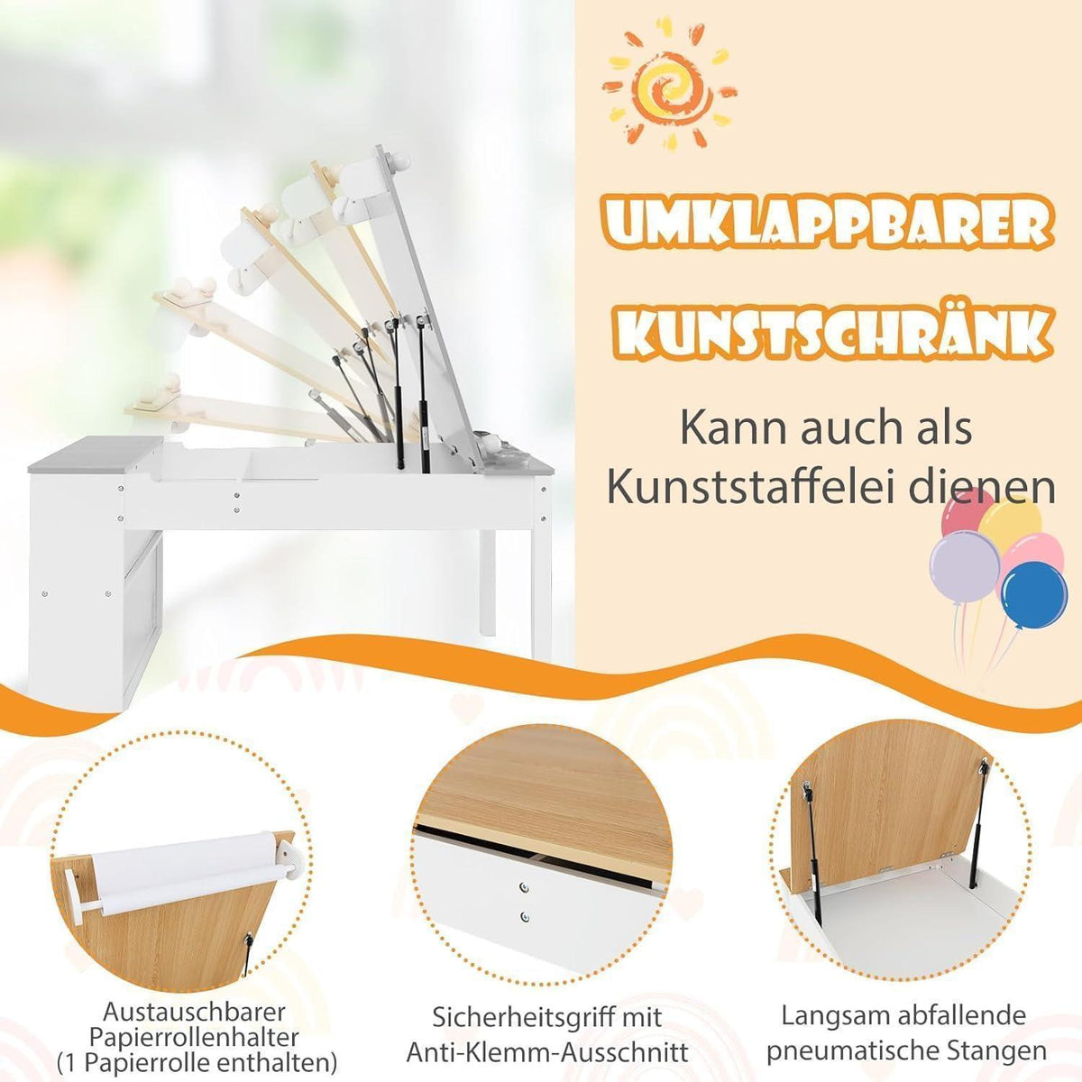 Kindertisch mit 2 Stühlen und Stauraum, kippbar, Natur