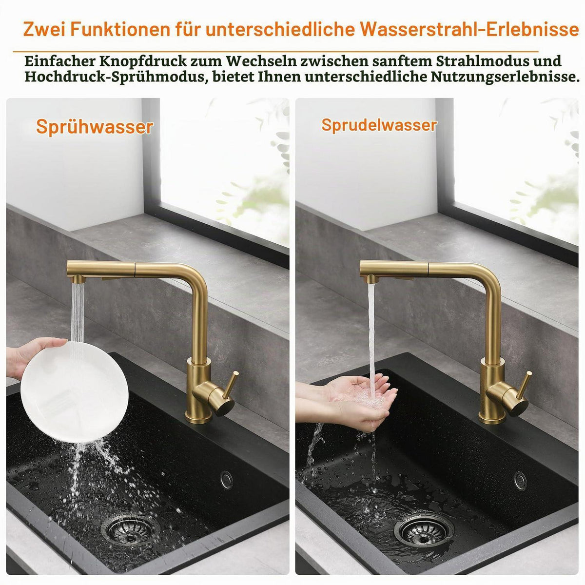 Niederdruck Küchenarmatur Ausziehbar Gold 3 Anschlüsse