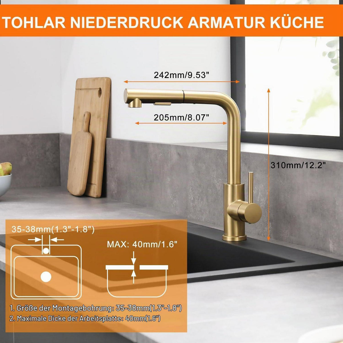 Niederdruck Küchenarmatur Ausziehbar Gold 3 Anschlüsse