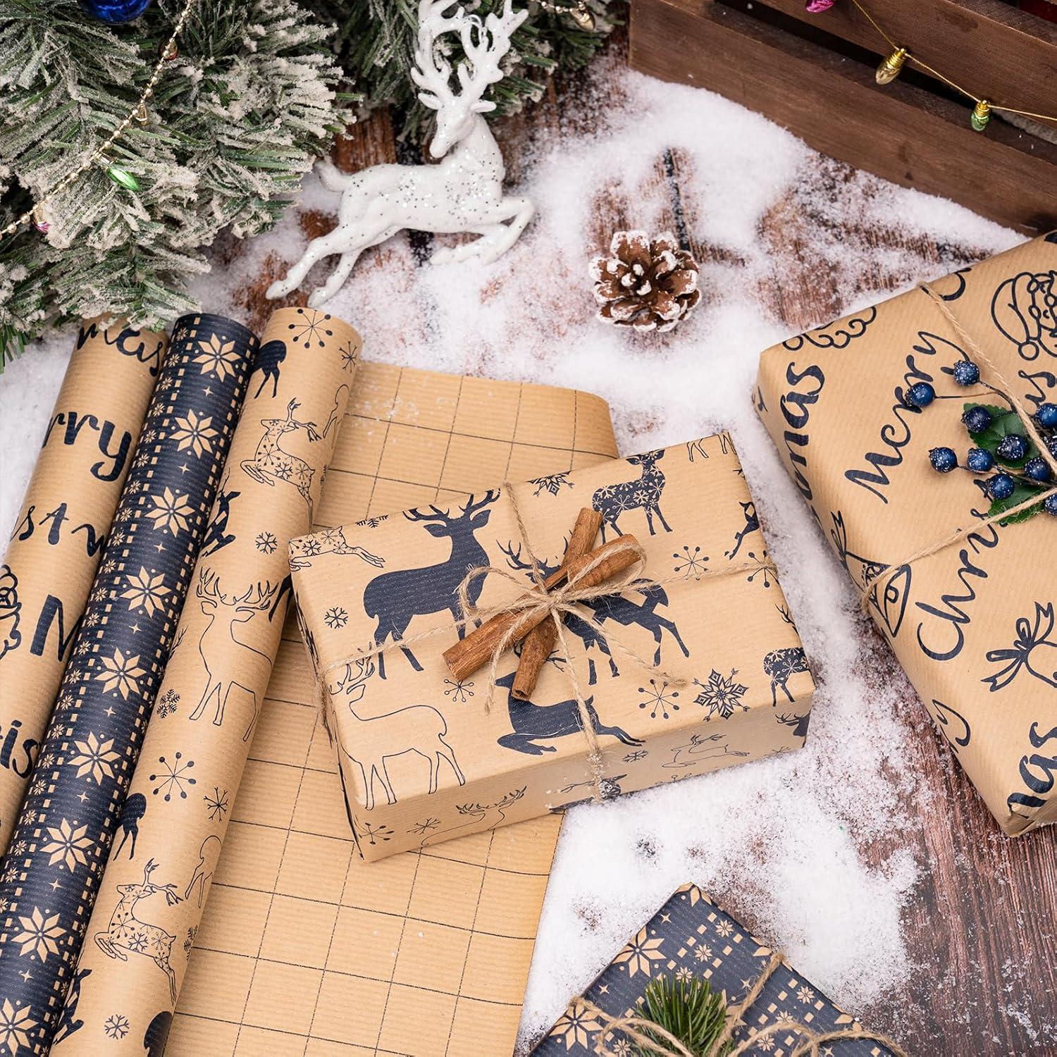 Weihnachts-Geschenkpapierrolle Rentier Schneeflocke 43,2cm x 3m 3 Rollen