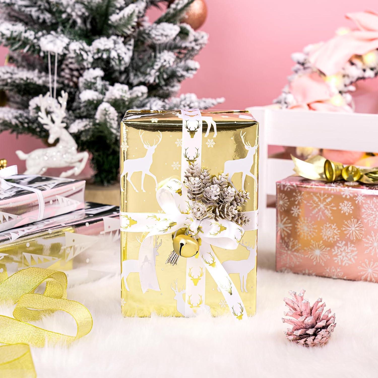 Weihnachts-Geschenkpapierrolle 3 Rollen 43,2x305 cm Rentier Rentier Schneeflocken Metallisch
