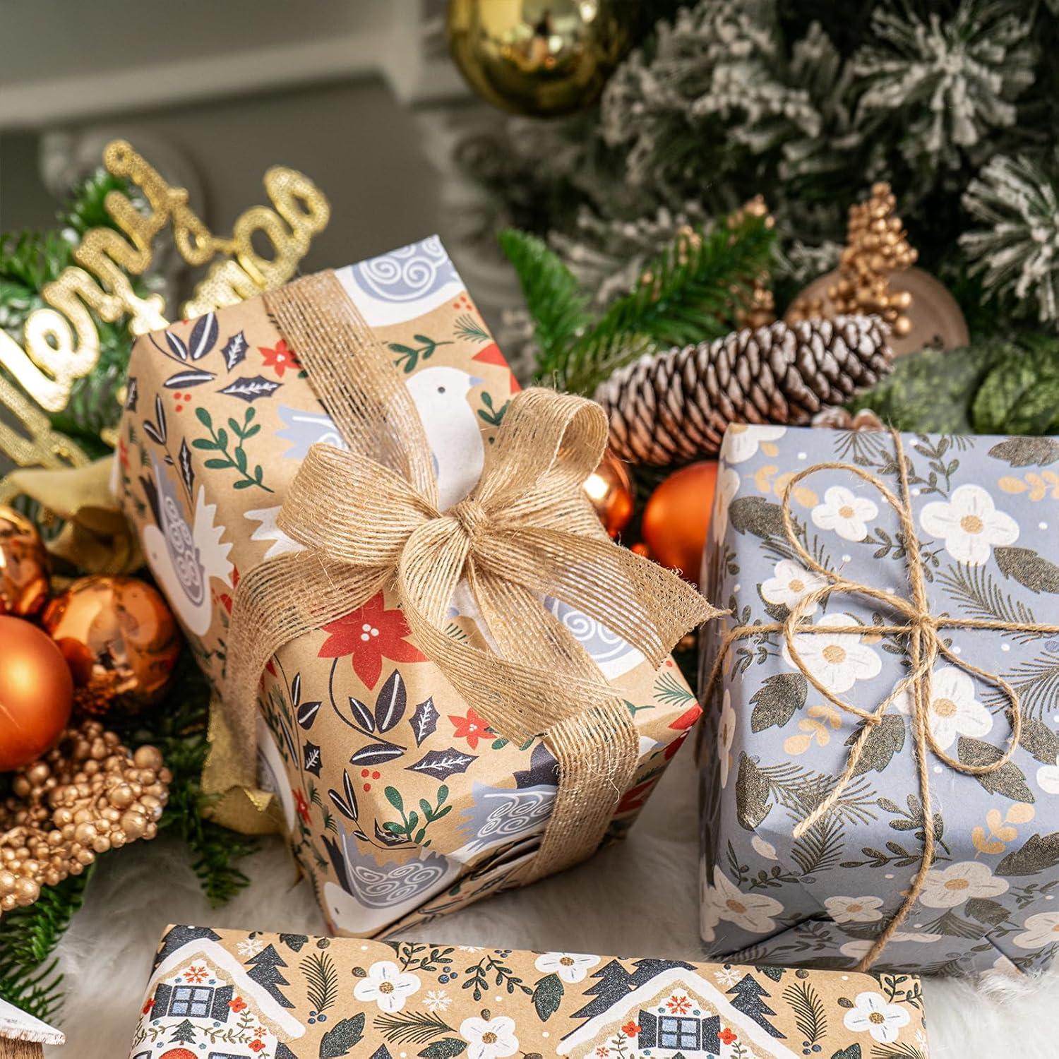 Weihnachts-Geschenkpapier Kraftpapier 4 Rollen 43,5x305 cm Festliche