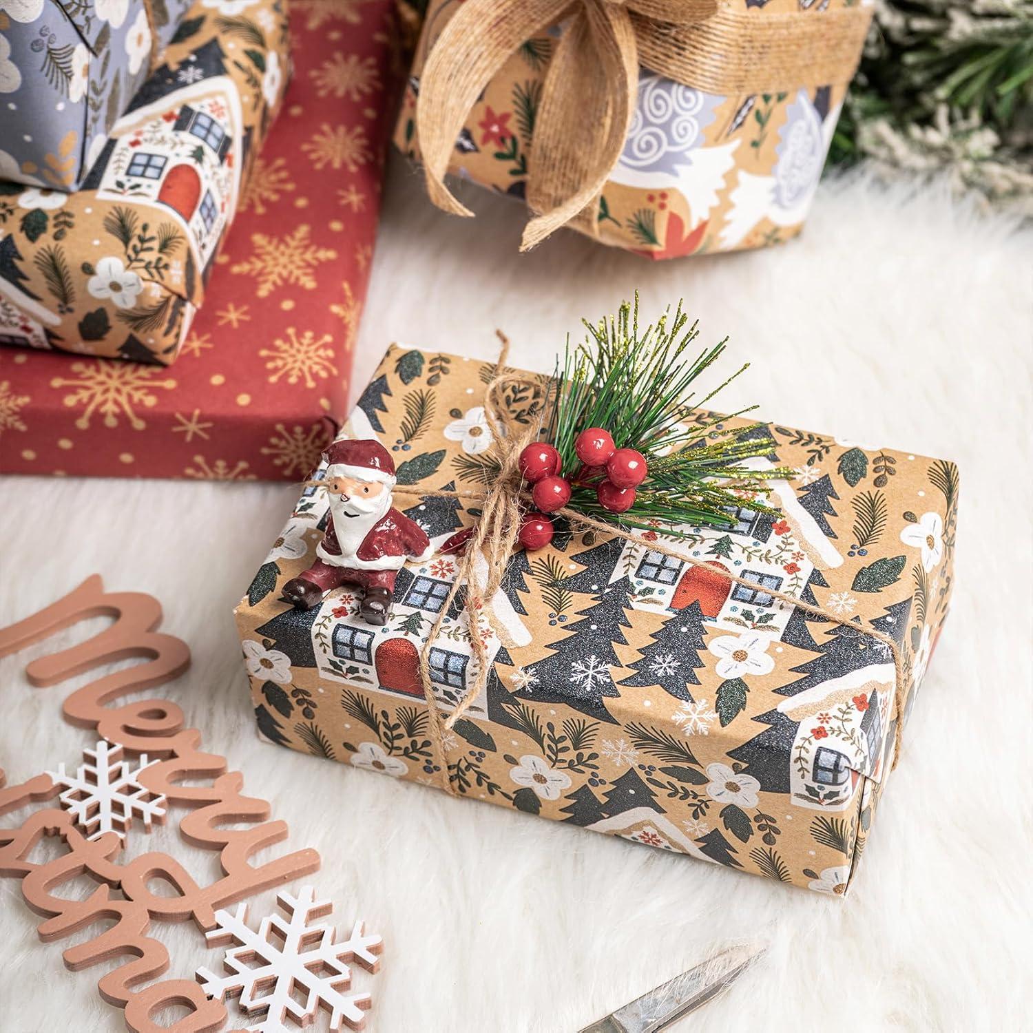 Weihnachts-Geschenkpapier Kraftpapier Taube Schneeflocke Blume Haus 4 Rollen