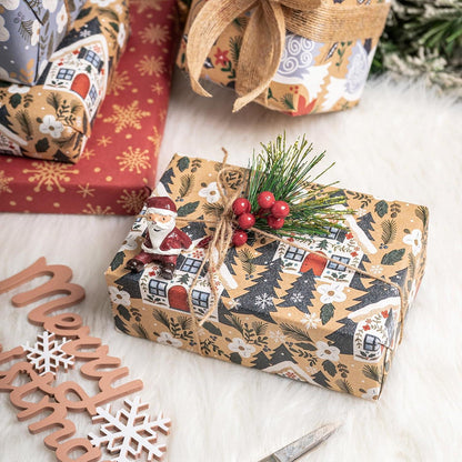 Weihnachts-Geschenkpapier Kraftpapier Taube Schneeflocke Blume Haus 4 Rollen