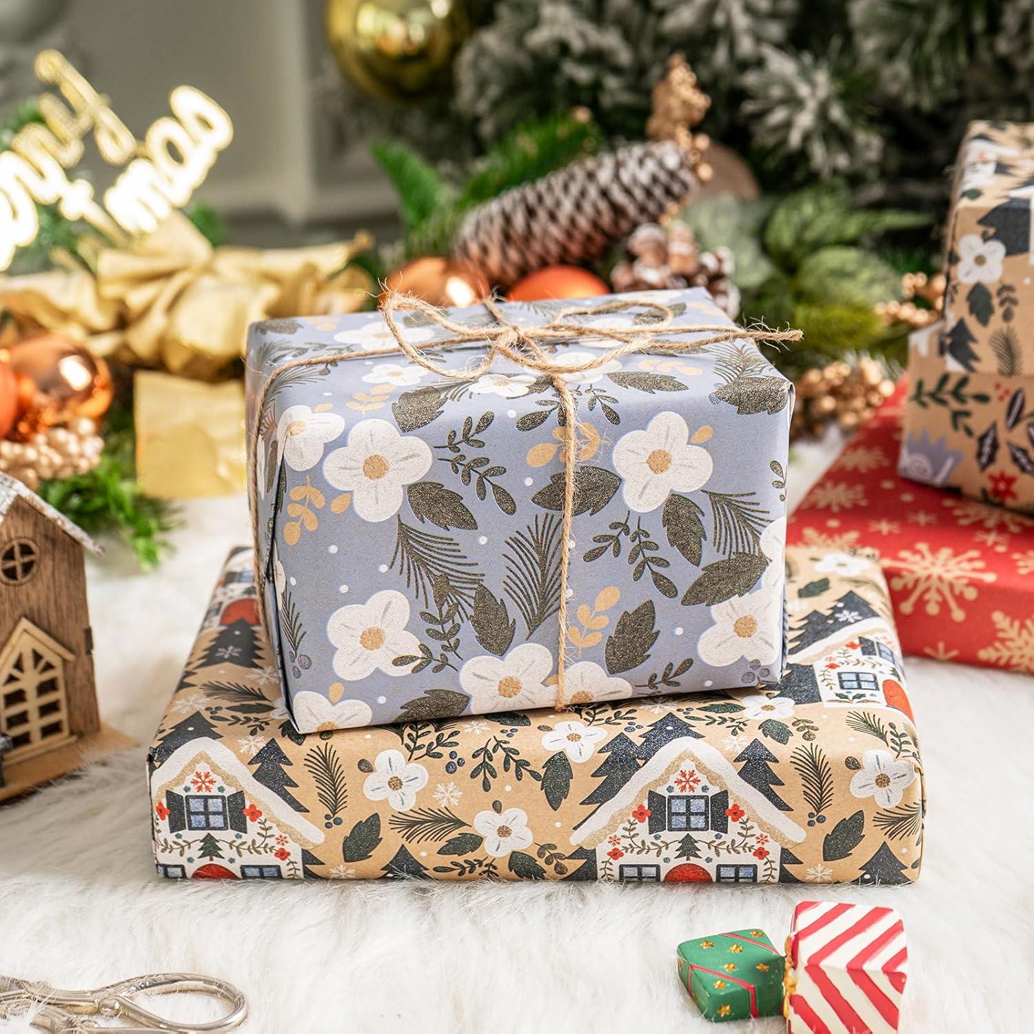 Kraftpapier Weihnachtsgeschenkpapier 4 Rollen Taube Schneeflocke Blume Haus
