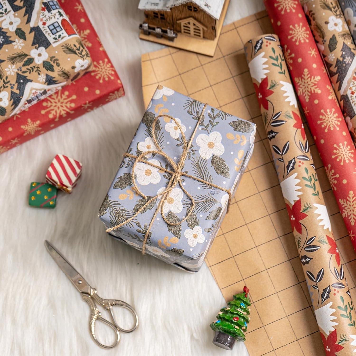 Weihnachts-Geschenkpapier Kraftpapier Taube Schneeflocke Blume Haus 4