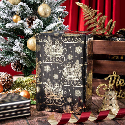 Weihnachtsschlitten-Geschenkpapierrolle - Schwarzgoldenes Design - Metallischem Folienglanz - 4 Rollen
