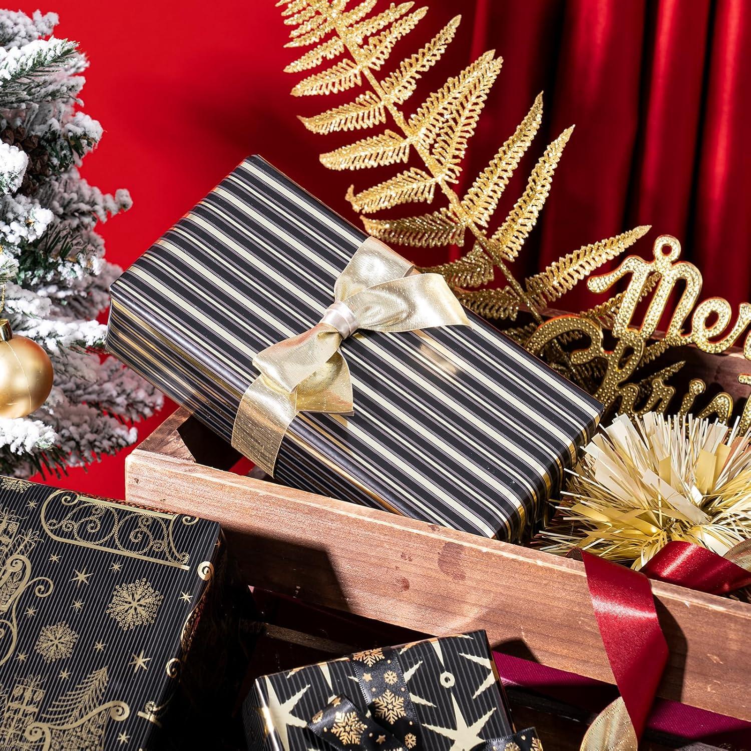 RUSPEPA Weihnachtsgeschenkpapierrolle Schwarz-goldenes Foliendesign 4 Rollen