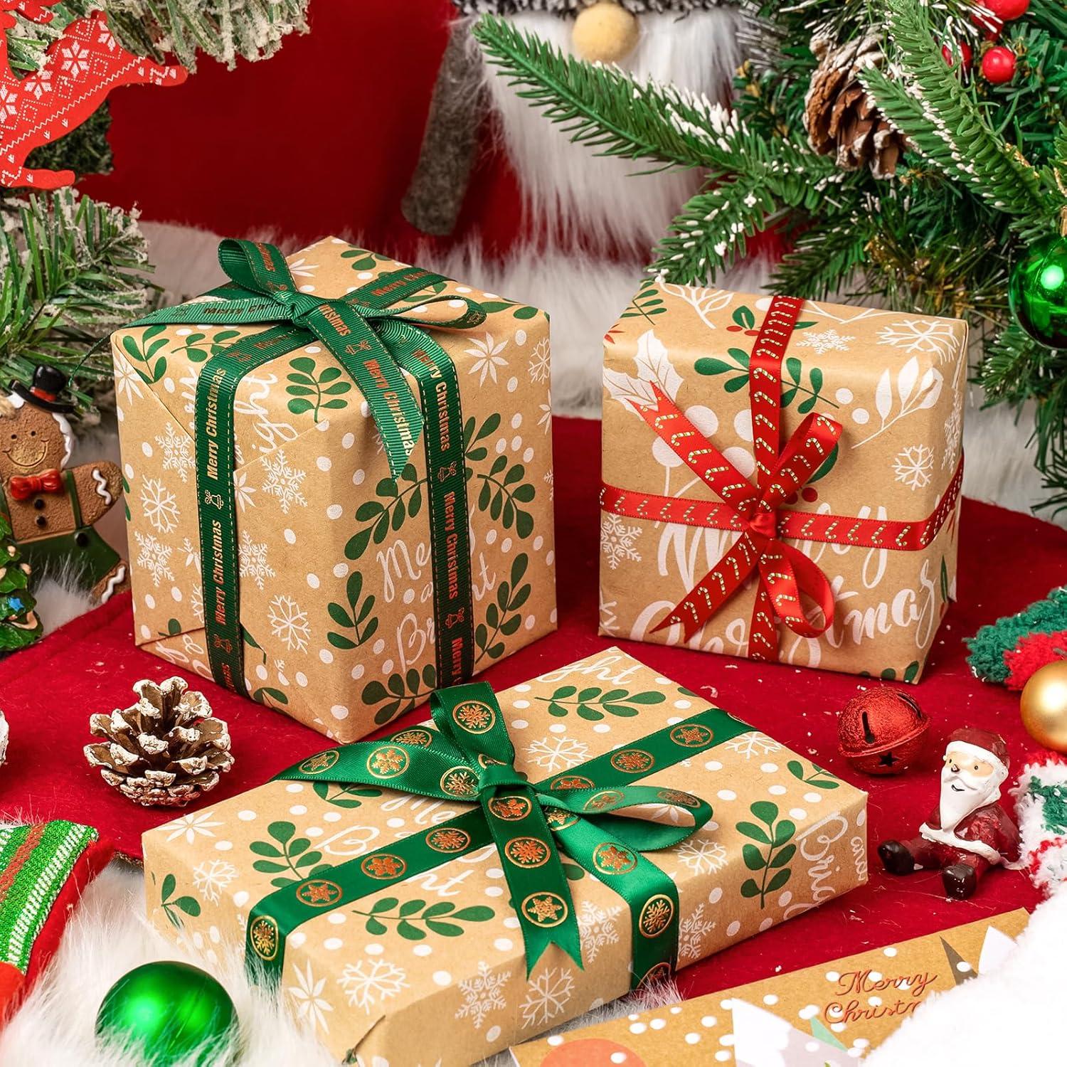 Kraft-Weihnachtsgeschenkpapierrolle - 3 Rollen - 43,2x305cm - Weihnachtsblätter Merry Christmas - Schriftzug-Weihnachtskollektion