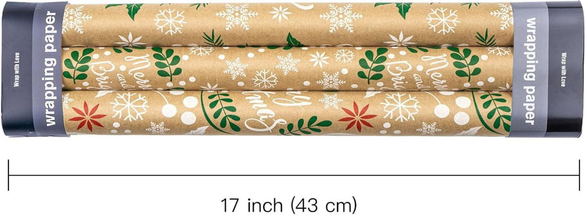 Kraft Weihnachtsgeschenkpapierrolle 3 Rollen 43,2 x 305 cm Weihnachtsblätter