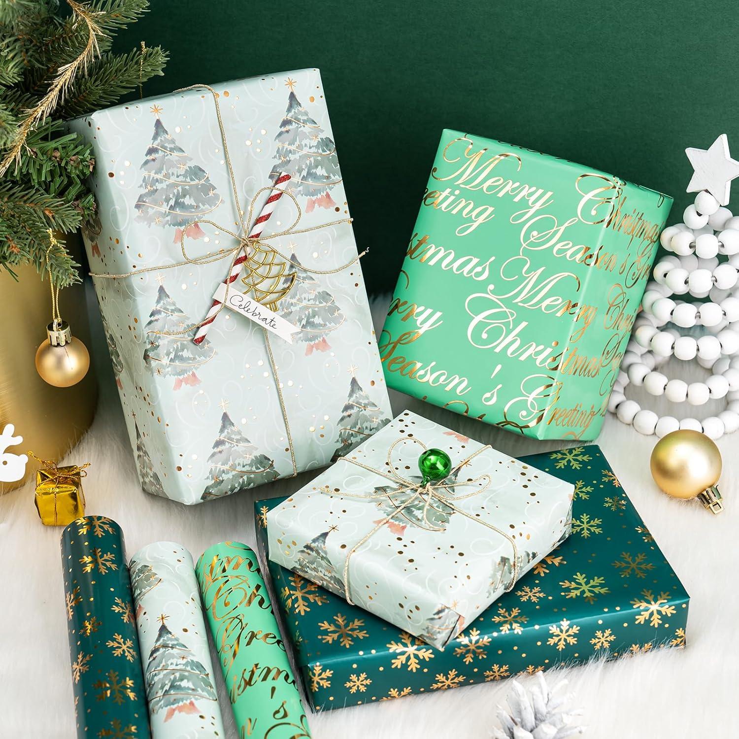 Weihnachts-Geschenkpapierrolle 3 Rollen Schriftzug Grüner