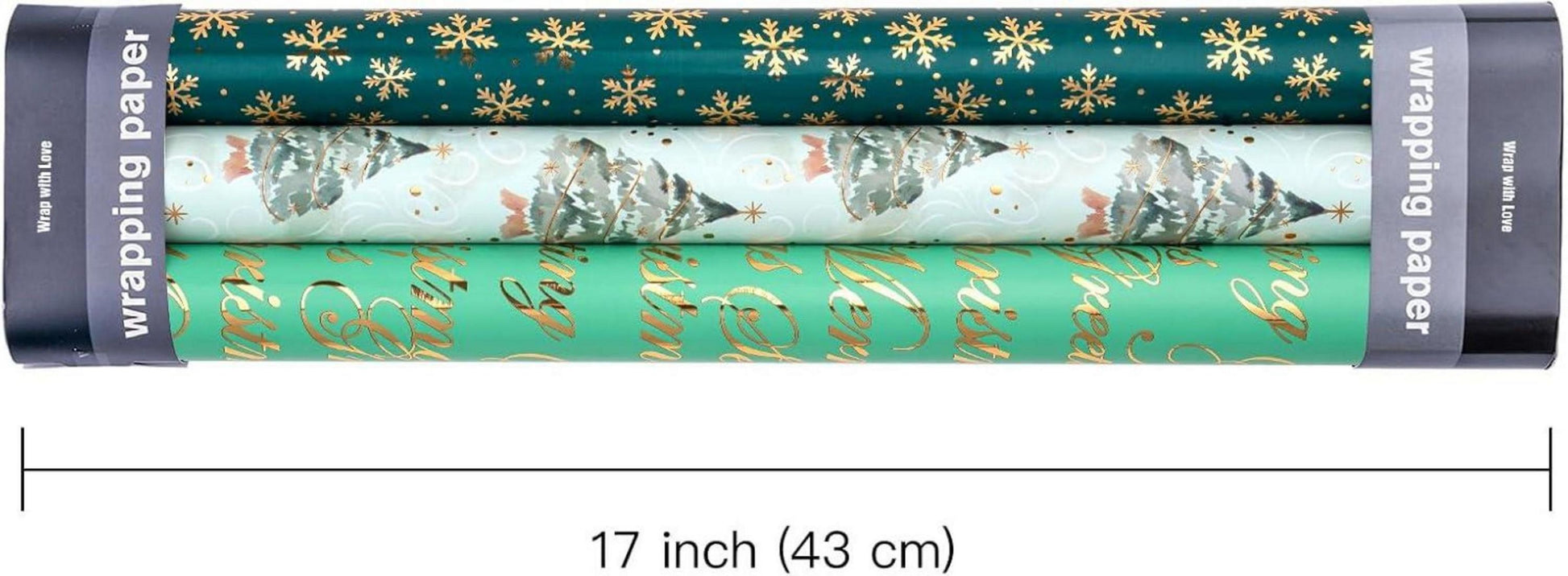 Weihnachts-Geschenkpapierrolle 3 Rollen Grüner Weihnachtsbaum Schneeflocke Festliche Wünsche 43,2x305cm