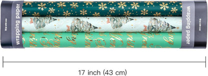 Weihnachts-Geschenkpapierrolle 3 Rollen Grüner Weihnachtsbaum Schneeflocke Festliche Wünsche 43,2x305cm