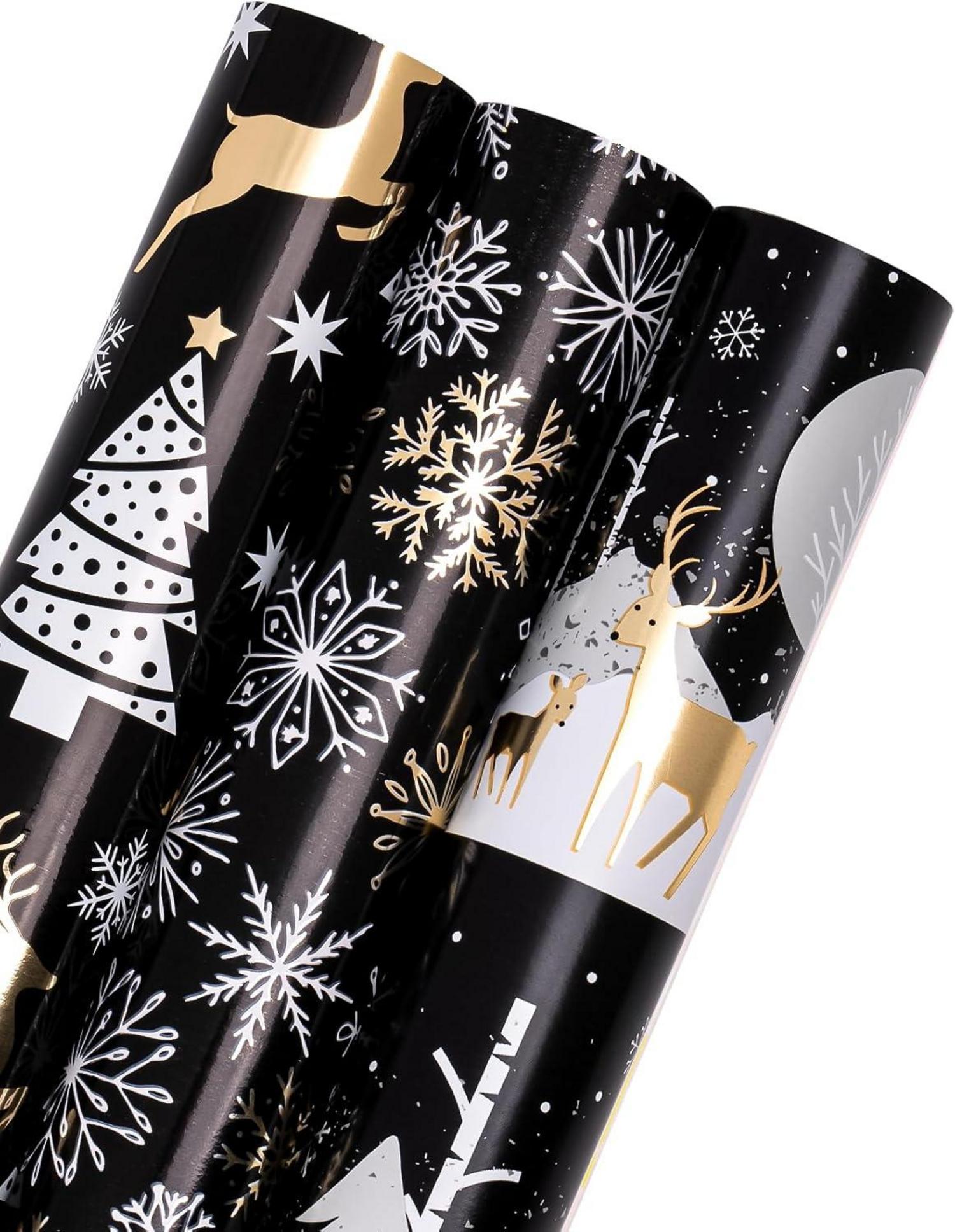 Weihnachts-Geschenkpapierrolle mit metallischem Glanz - Rentierfamilie