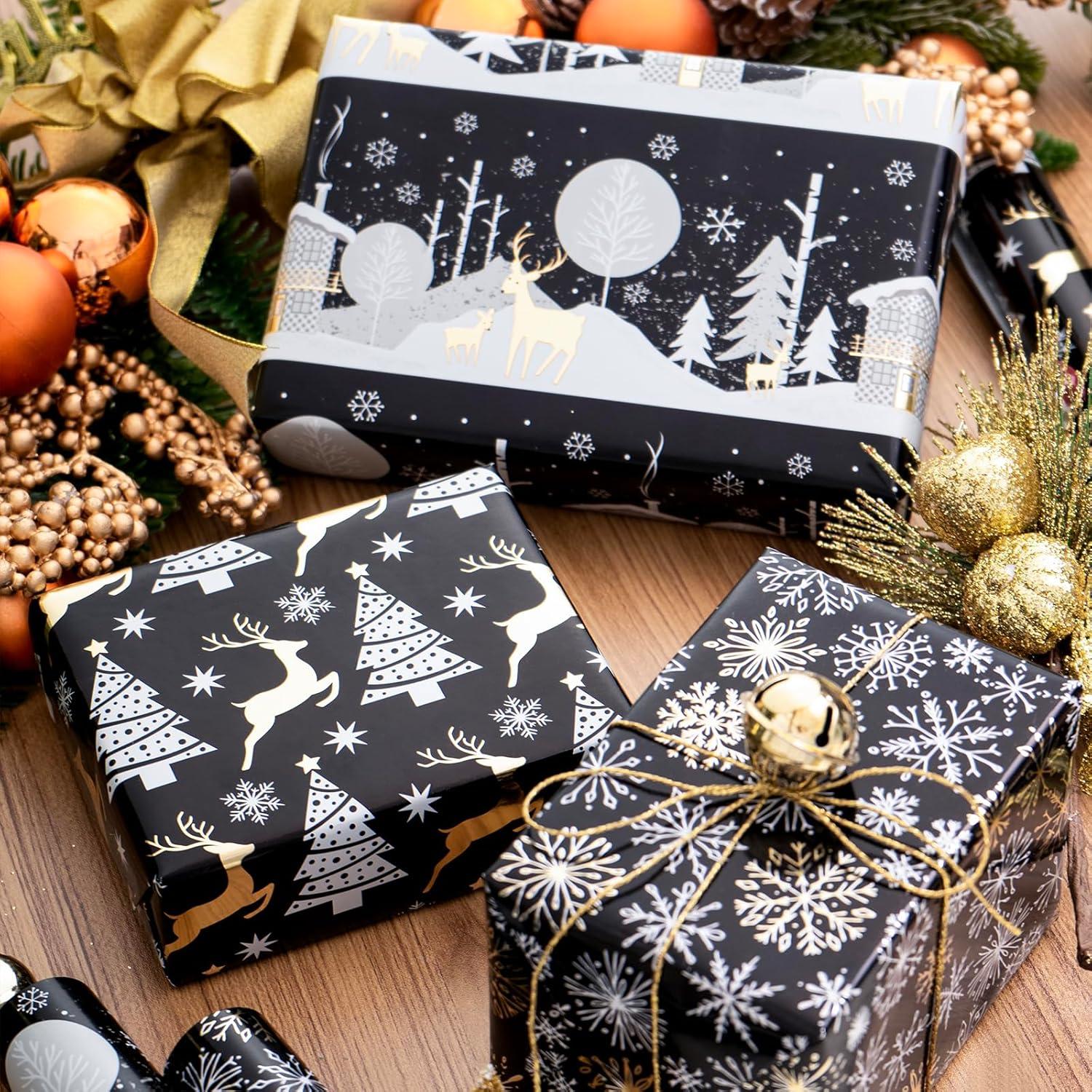 RUSPEPA Weihnachtsgeschenkpapier Mini-Rolle 3 Rollen Rentier Schneeflocken