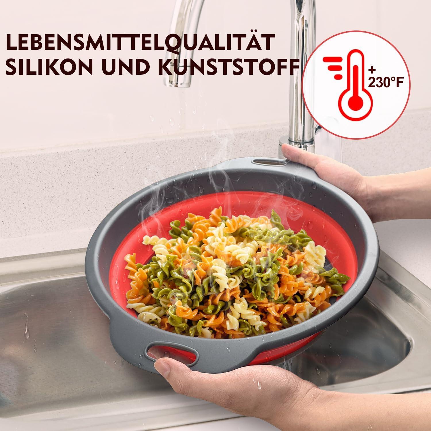 WALFOS Faltbares Sieb 3 Stück Silikonfilterkörbe Klappbar Abtropfsieb Küchensieb Rot Ø 34/29/25 cm