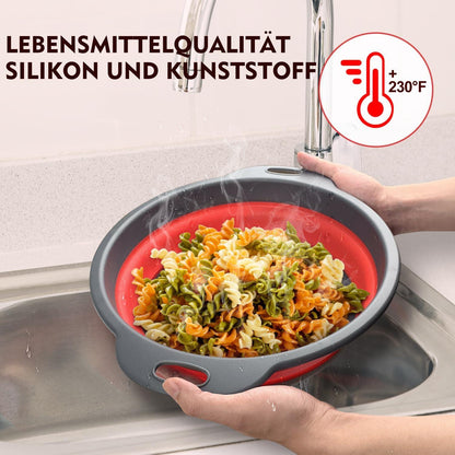 WALFOS Faltbares Sieb 3 Stück Silikonfilterkörbe Klappbar Abtropfsieb Küchensieb Rot Ø 34/29/25 cm