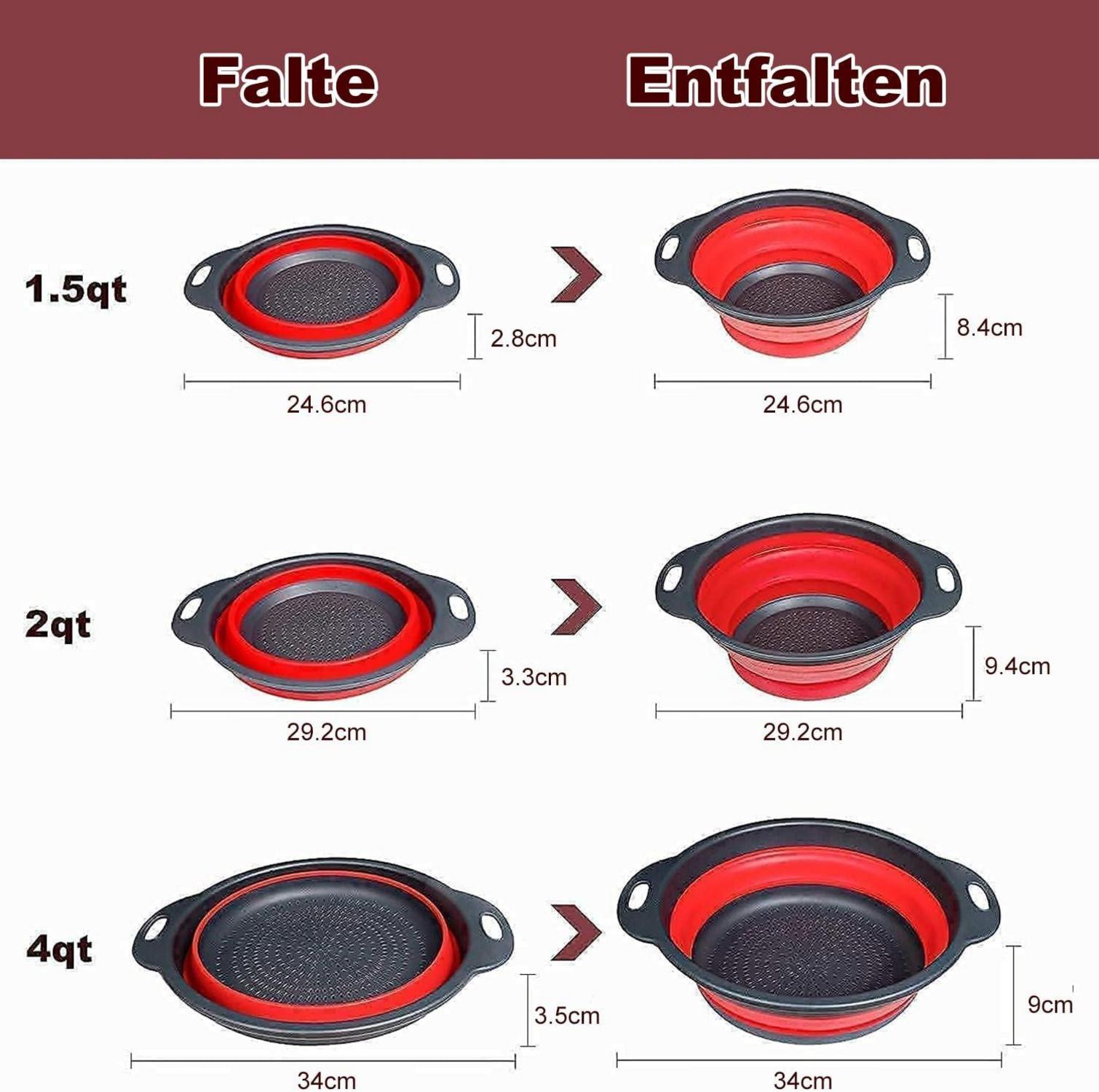 WALFOS Faltbares Sieb 3er Set Silikon Filterkorb Küchensieb Obst Gemüse Rot