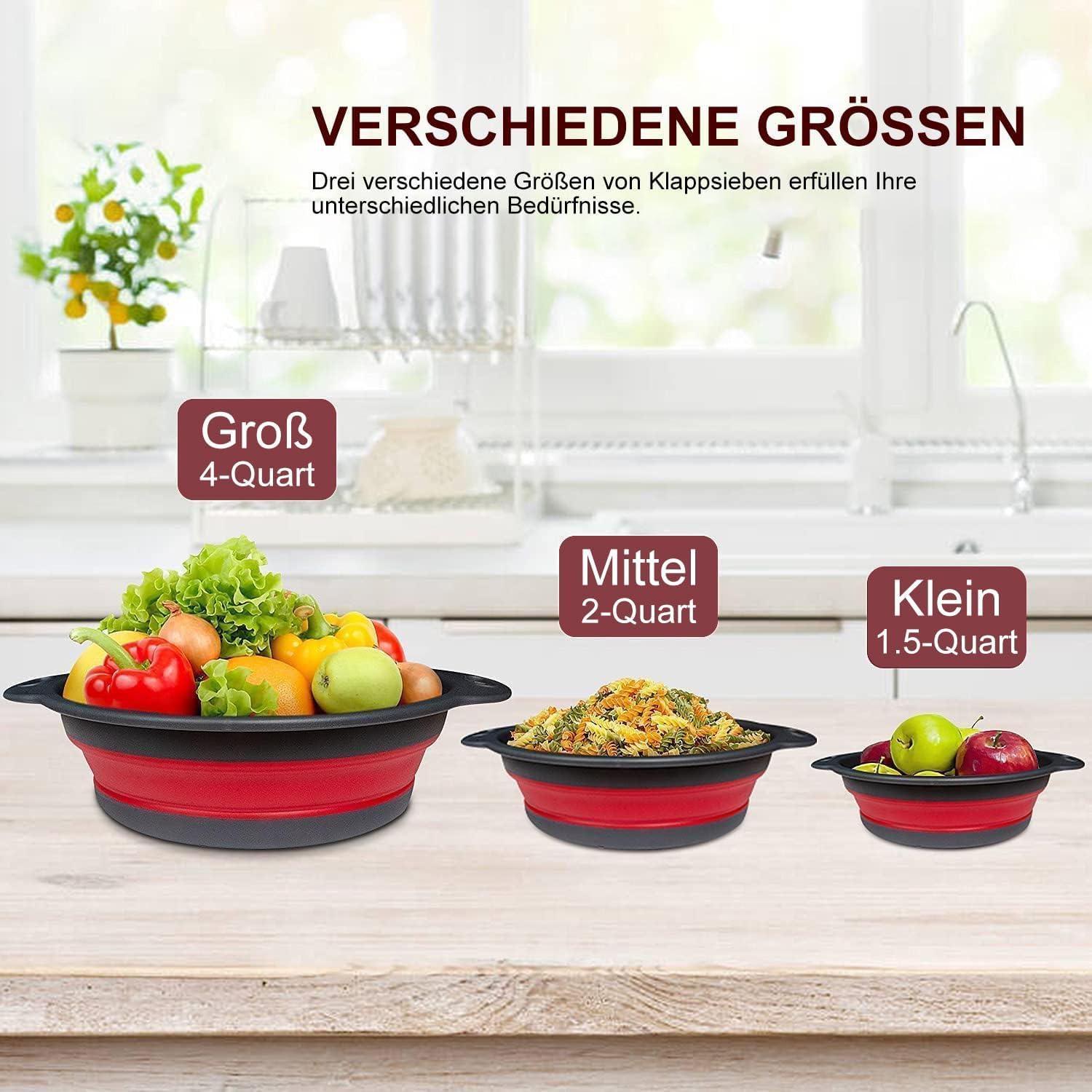 WALFOS Faltbares Sieb 3 Stück Silikonfilterkörbe Klappbar Abtropfsieb Küchensieb Rot Ø 34/29/25 cm