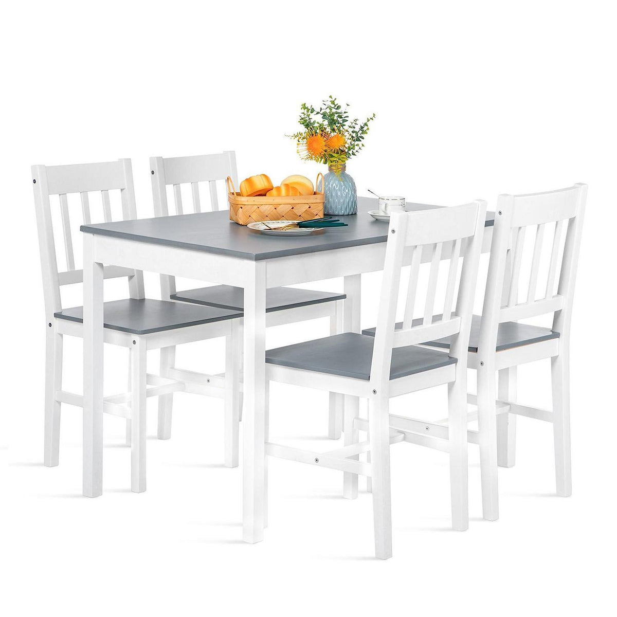 Esstisch Set Kiefernholz Grau & Weiß mit 4 Stühlen