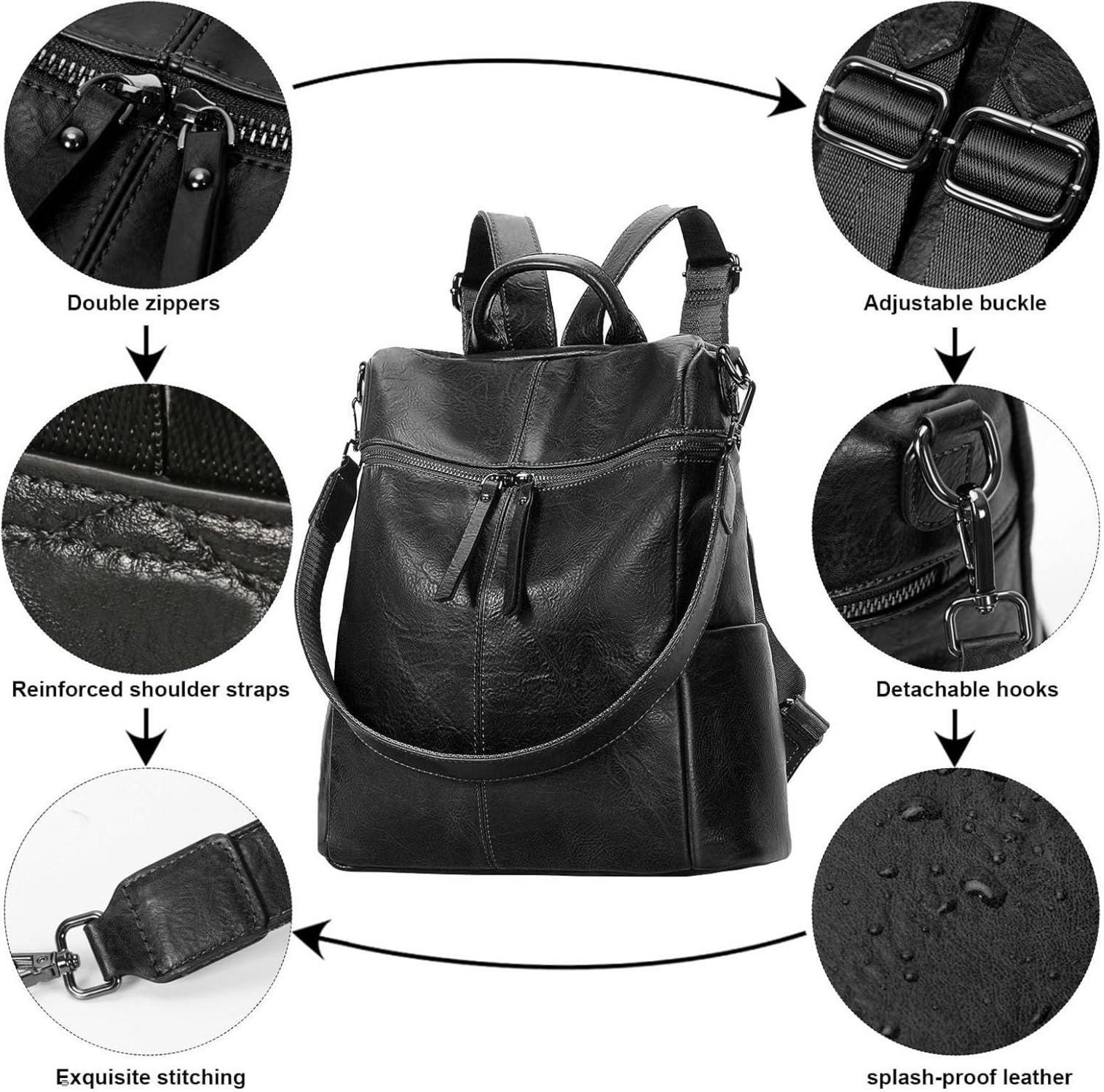 Rucksack Damen Klein Vegan Leder Schultertasche Elegant Schwarz