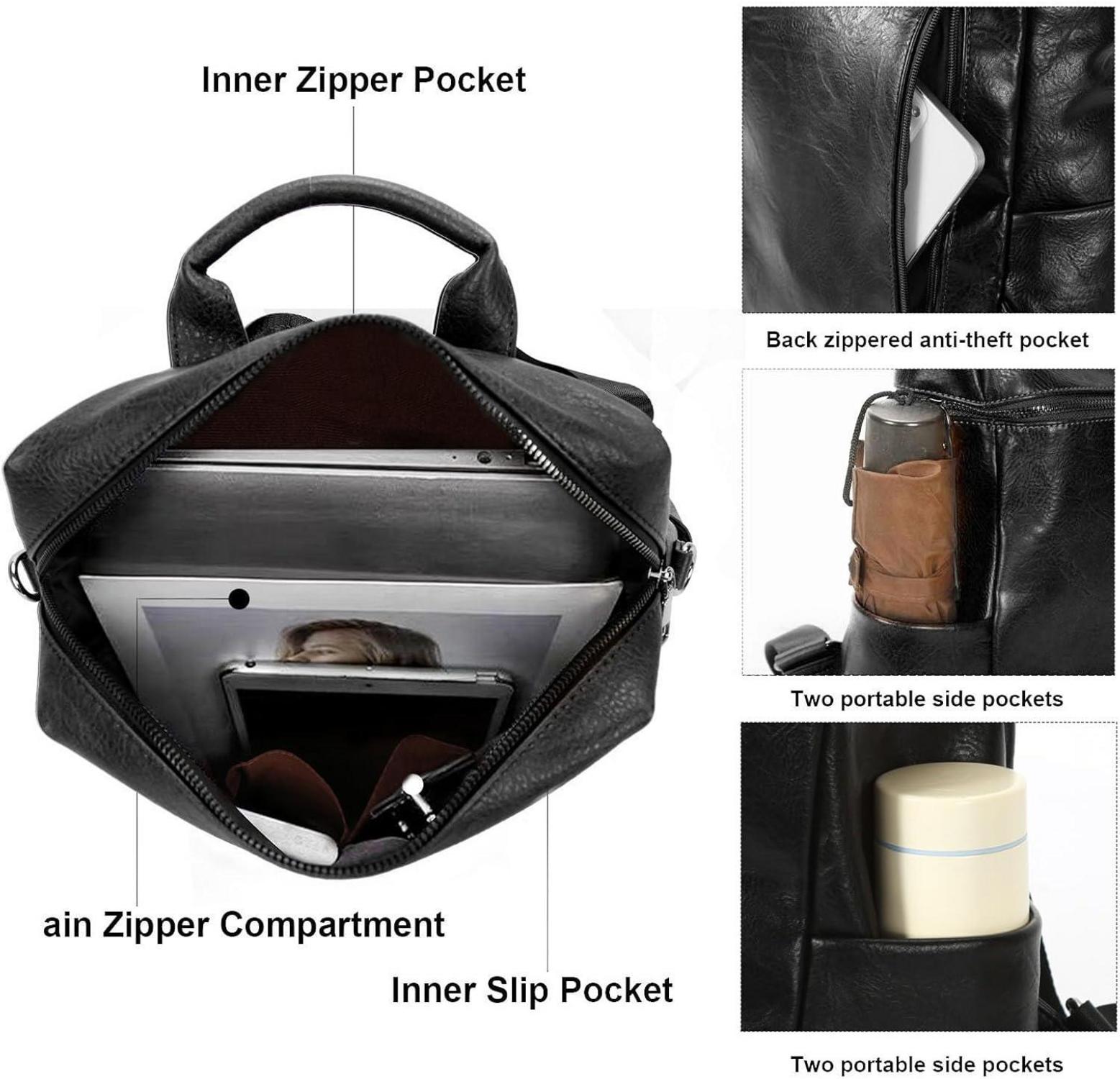 Leathario Damen Rucksack Vegan Leder Anti-Diebstahl Cityrucksack Schwarz