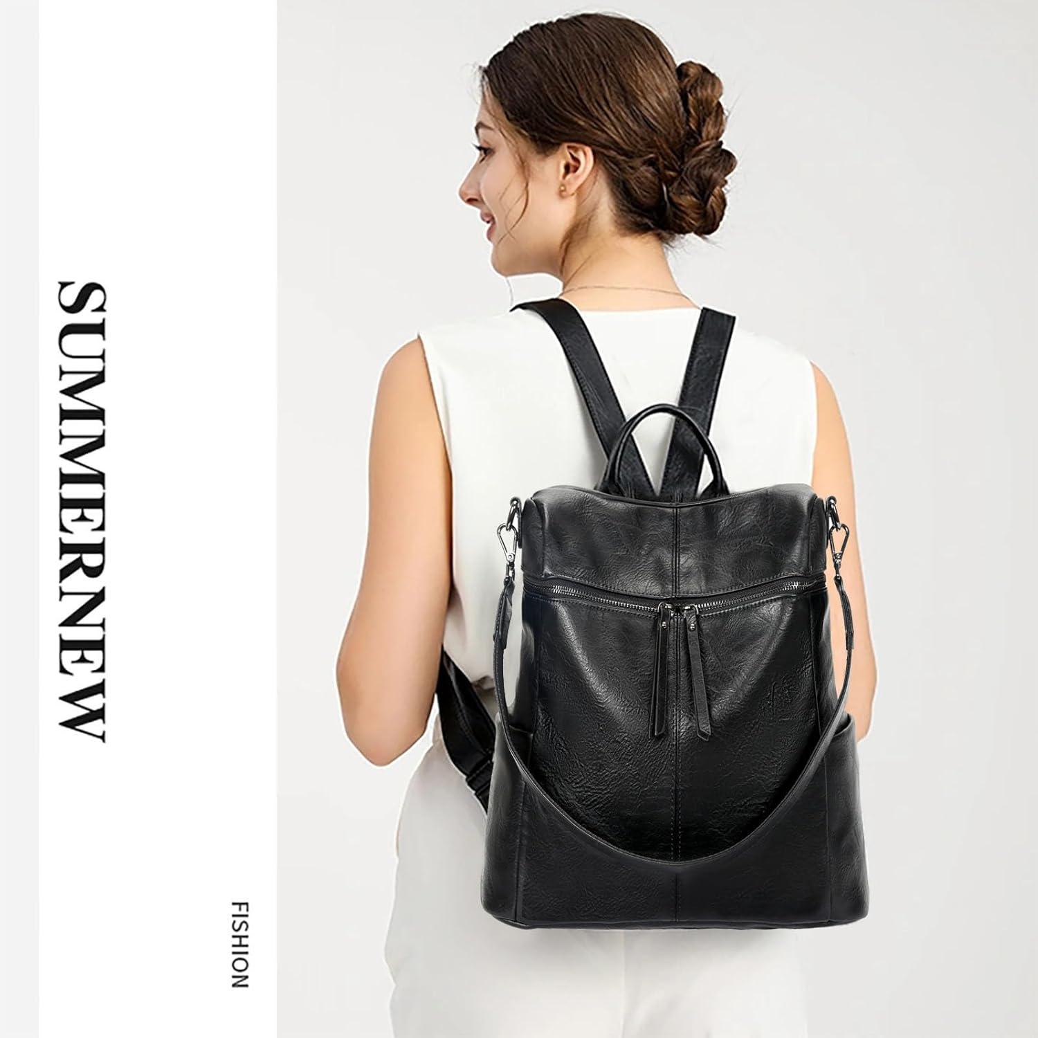 Leathario Damen Rucksack Klein Vegan Leder Schwarz Cityrucksack