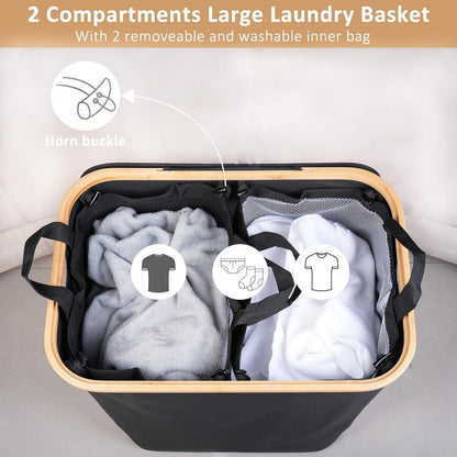 Großer Wäschekorb mit Deckel 150L, 2 Fächer, Schwarz