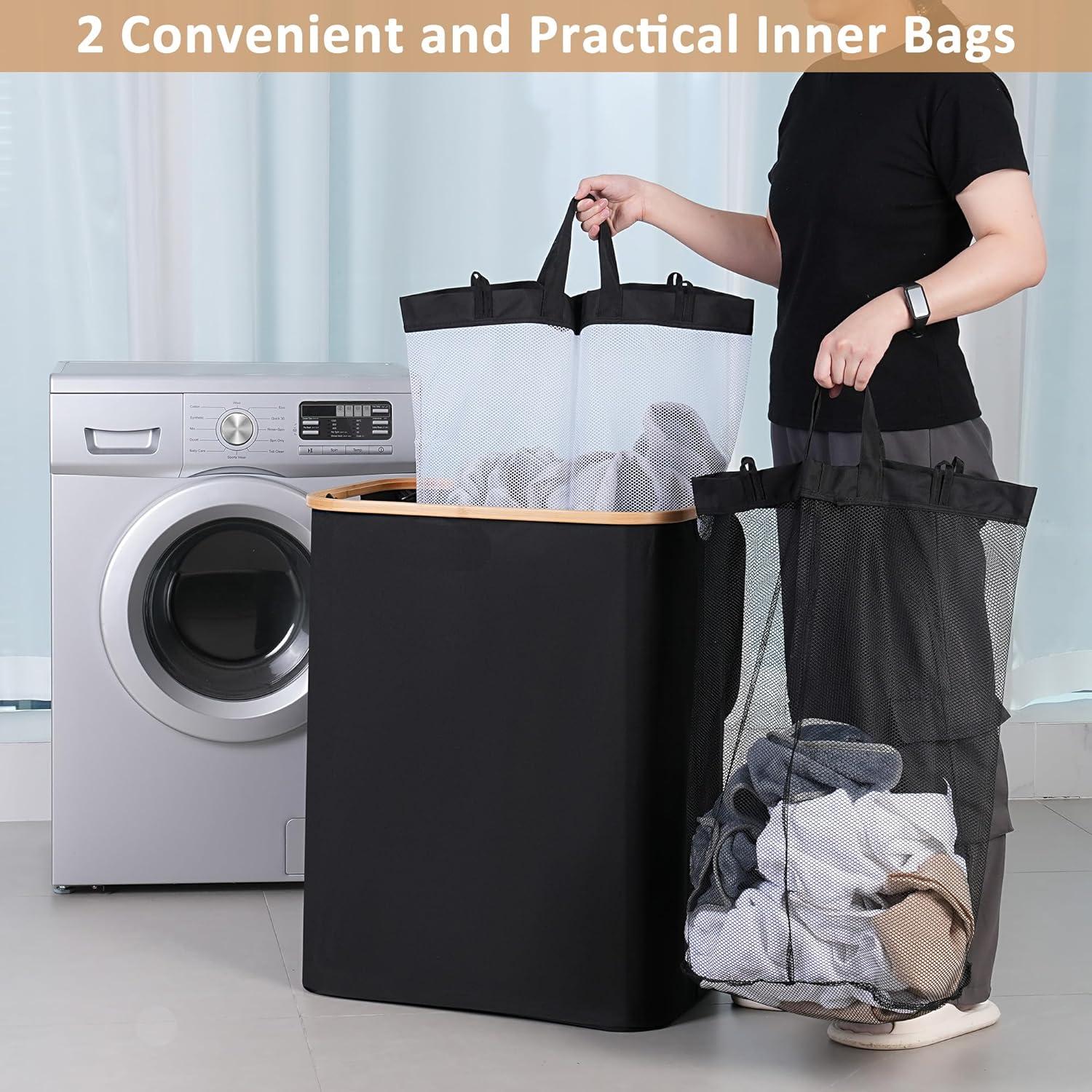 Großer Wäschekorb mit Deckel 150L 2 Fächer Schwarz - Wäschesammler Bambusgriff & Herausnehmbare Innentaschen