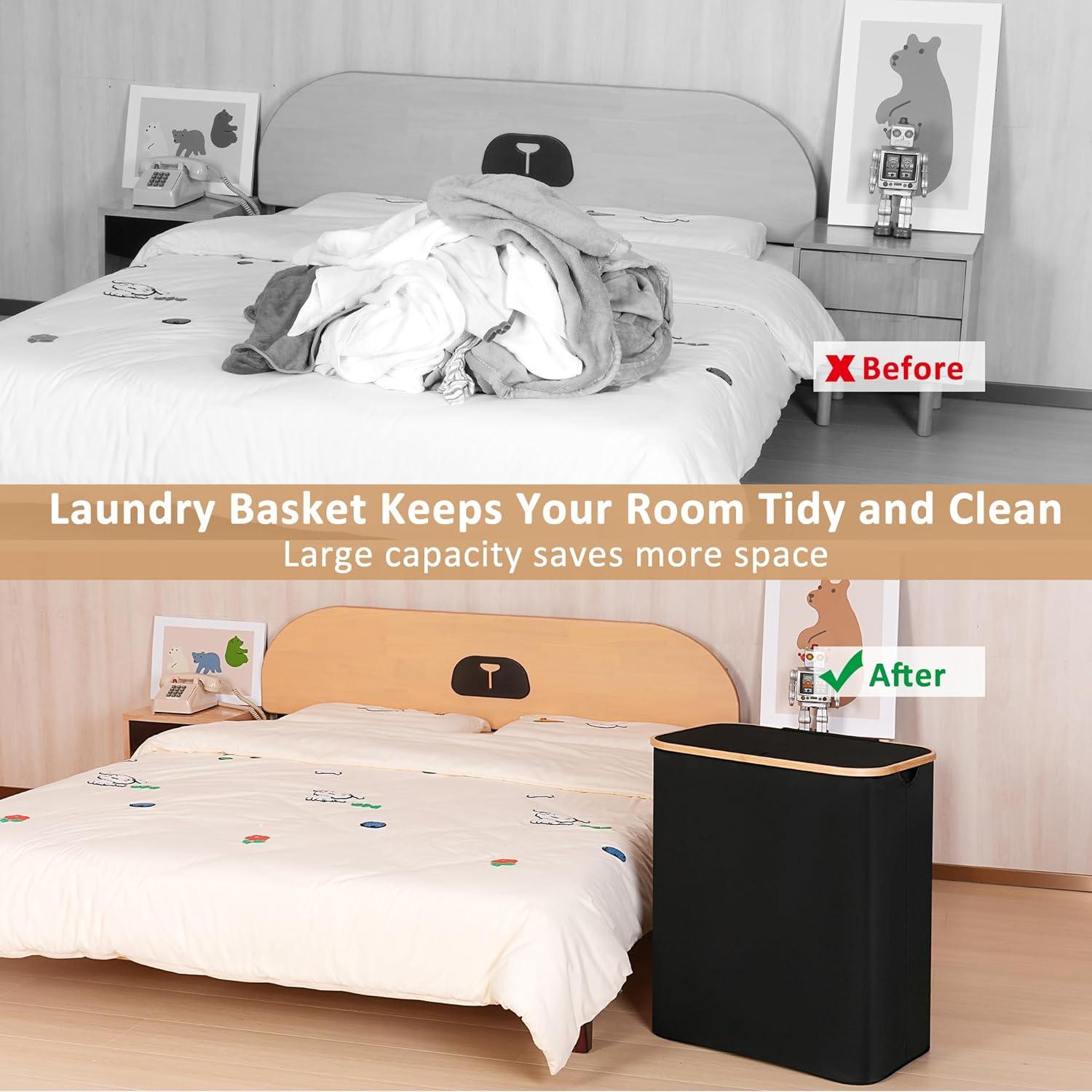 Großer Wäschekorb mit Deckel 150L, 2 Fächer - Schwarz