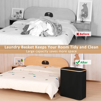 Großer Wäschekorb mit Deckel 150L, 2 Fächer - Schwarz