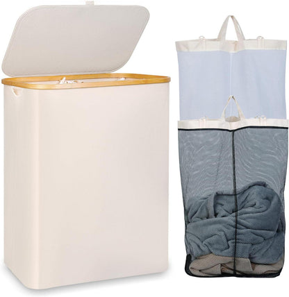 Wäschekorb XL 150L mit 2 Fächern und Deckel Beige