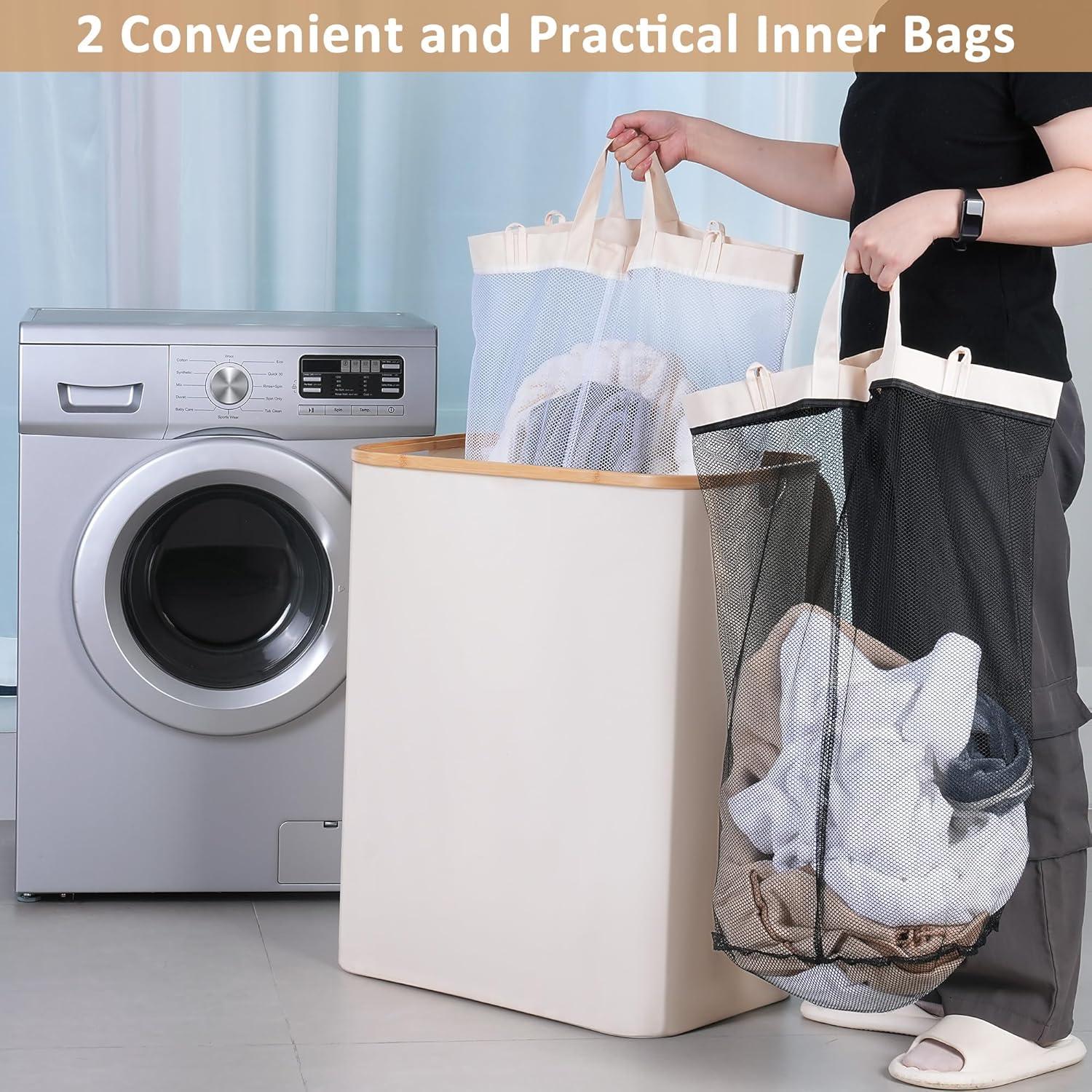 iEGrow XL Wäschekorb150L Bambusgriff Deckel 2 Fächer Beige