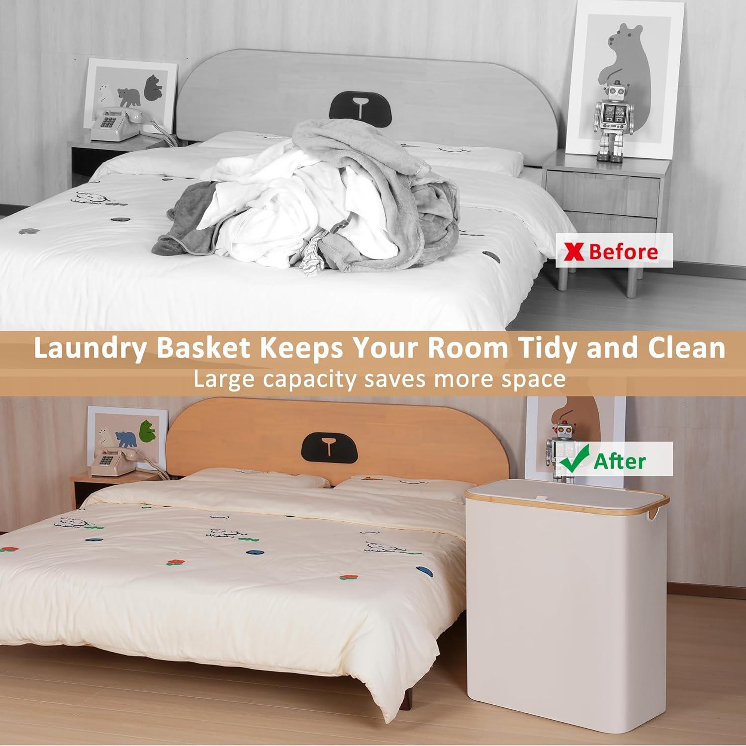 Wäschekorb 150L XL 2 Fächer Bambusgriff Deckel Beige neu