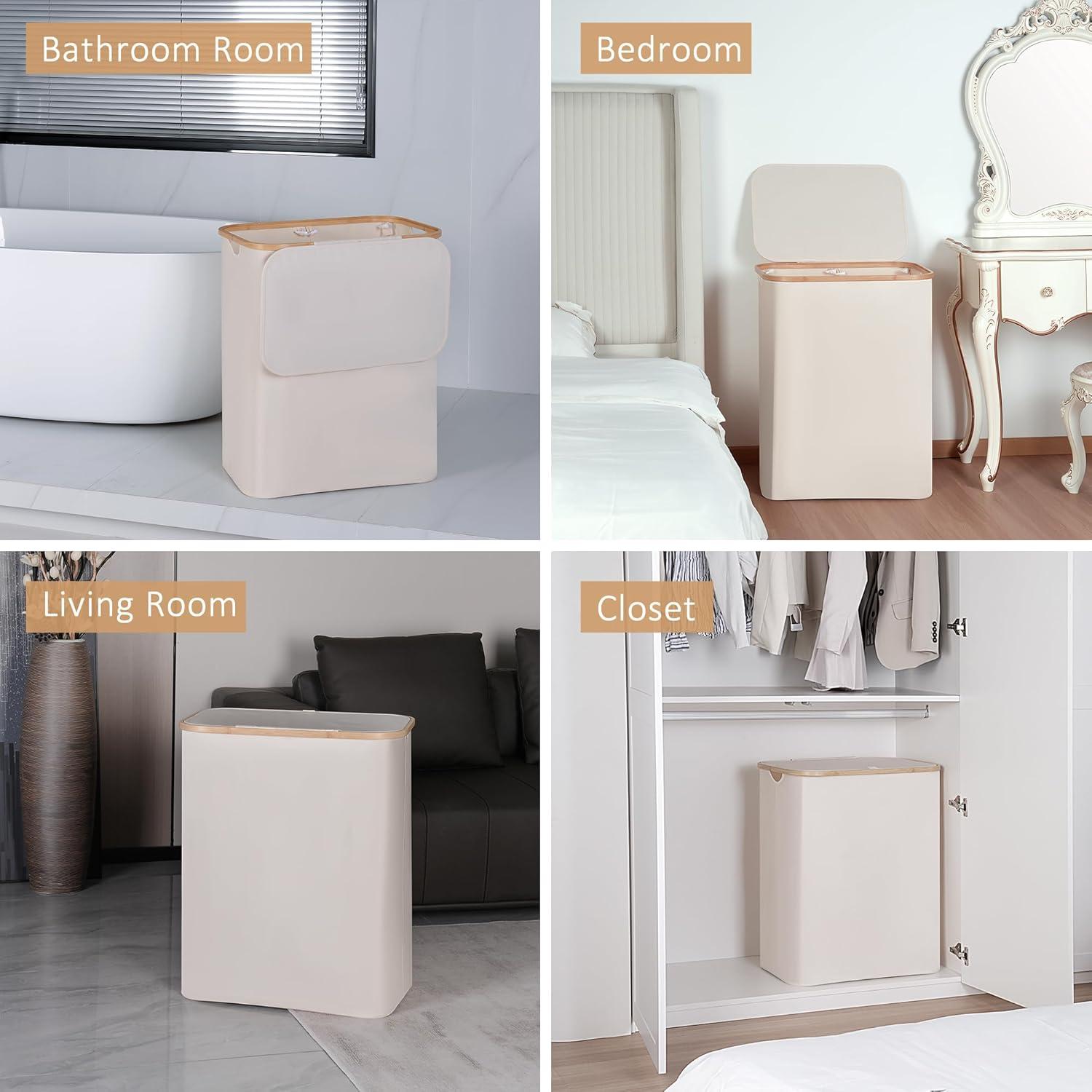 Wäschekorb 150L XL 2 Fächer Bambusgriff Deckel Beige neu