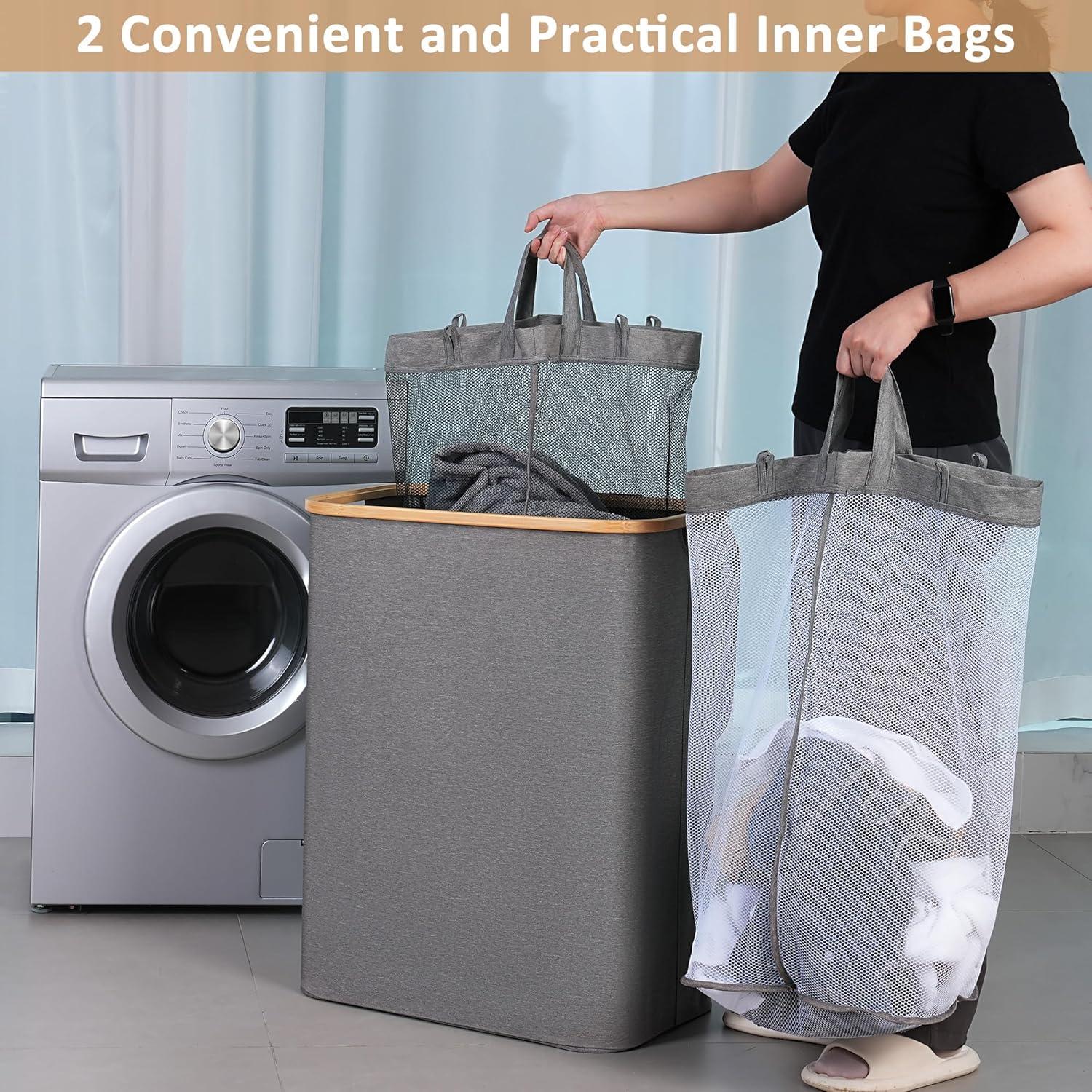 Wäschekorb 2 Fächer 150L herausnehmbare Innensäcke Grau