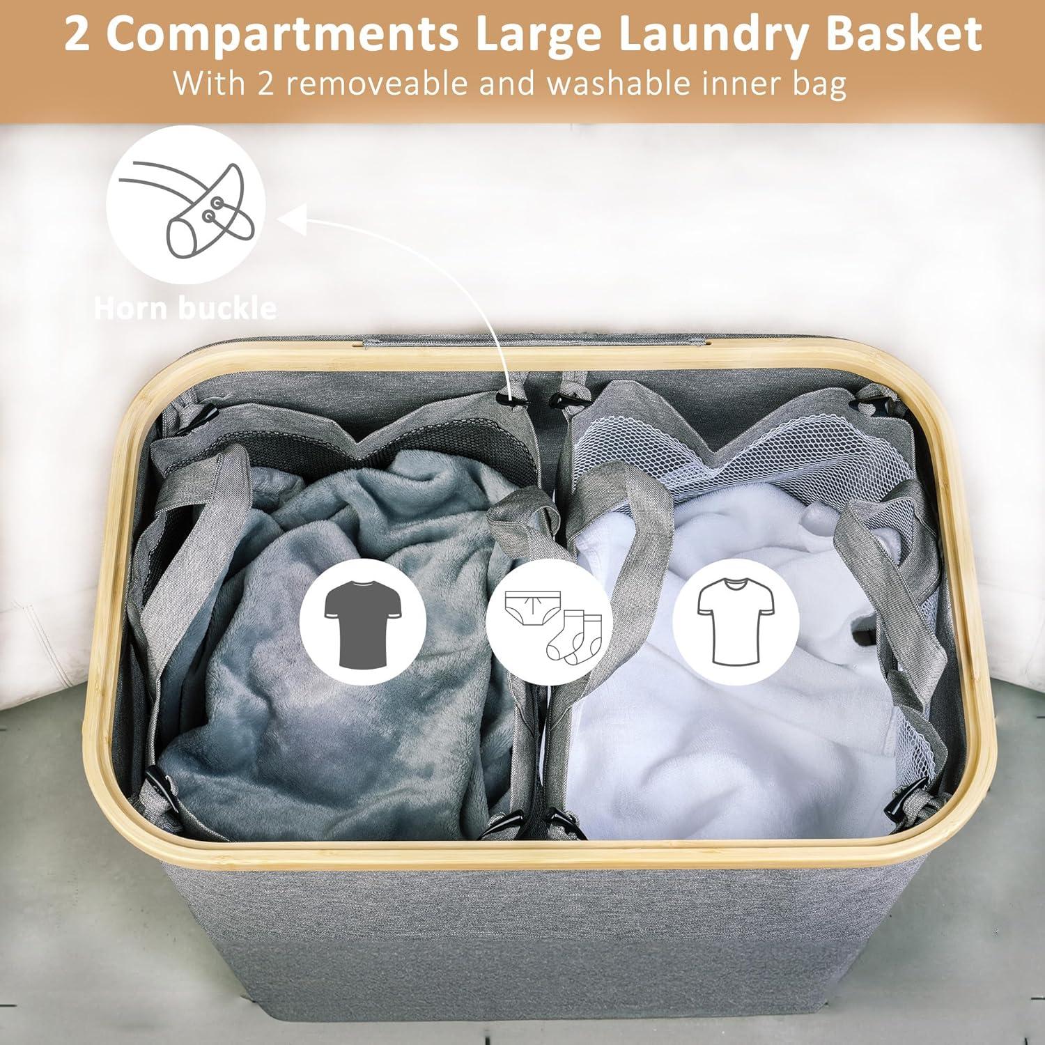 iEGrow Wäschekorb 150L 2 Fächer Grau mit Deckel und Griff