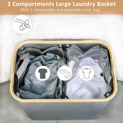 iEGrow Wäschekorb 150L 2 Fächer Grau mit Deckel und Griff