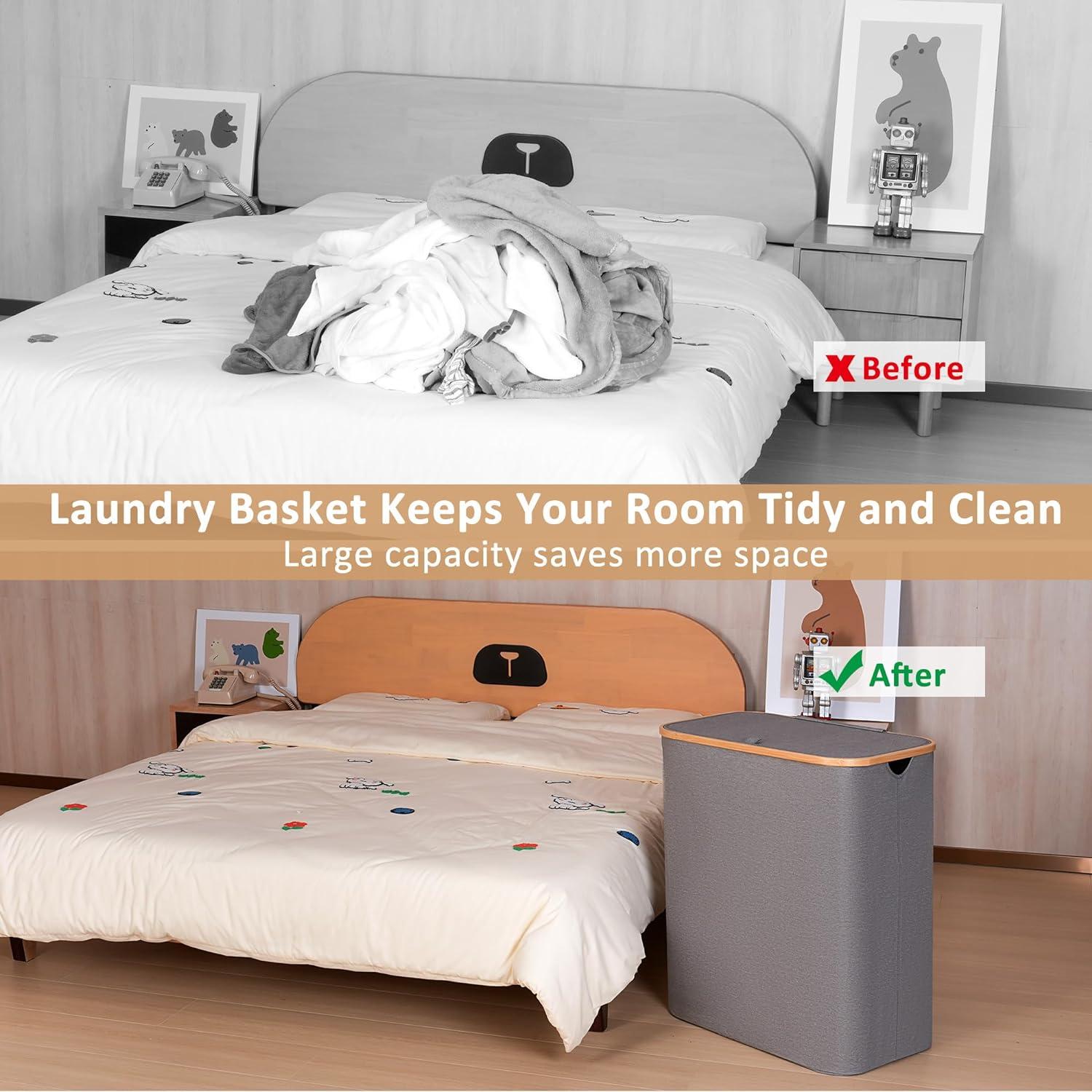 iEGrow Wäschekorb 2 Fächer 150L mit Bambusgriff und Deckel, Grau