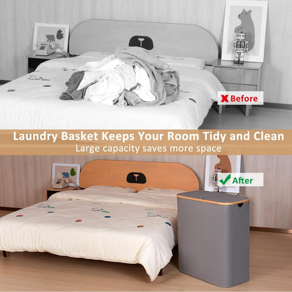 iEGrow Wäschekorb 2 Fächer 150L mit Bambusgriff und Deckel, Grau