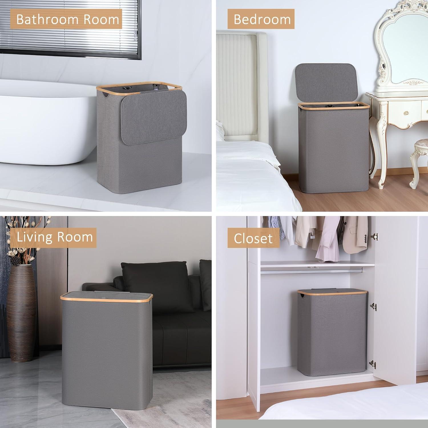 iEGrow Wäschekorb 2 Fächer 150L mit Bambusgriff und Deckel, Grau