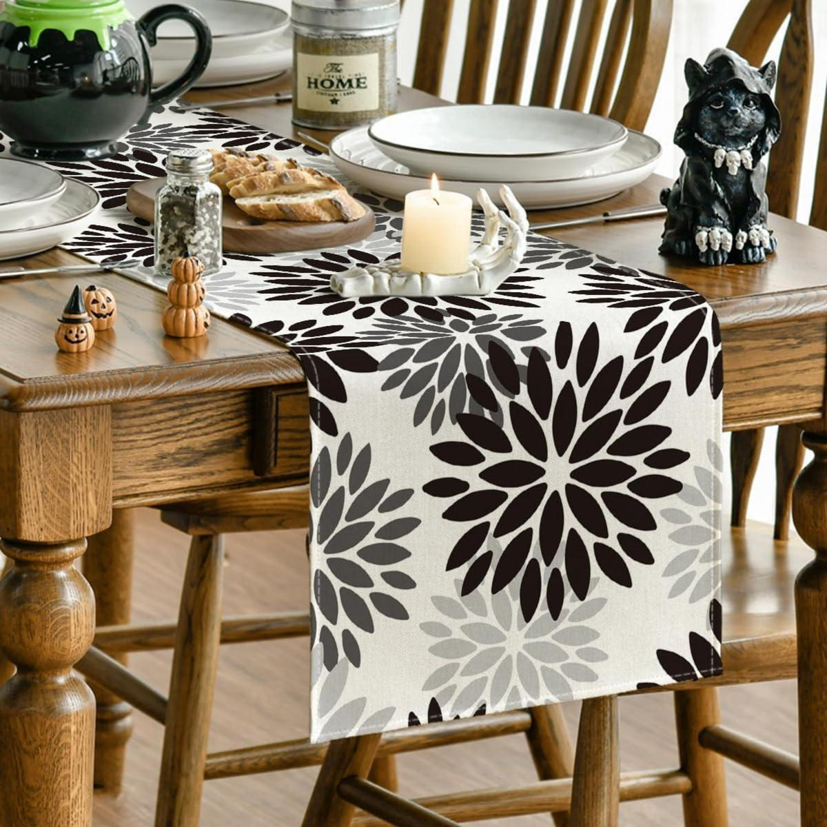 Tischläufer Schwarz Dahlie Blumen Halloween Herbst 40x140 cm