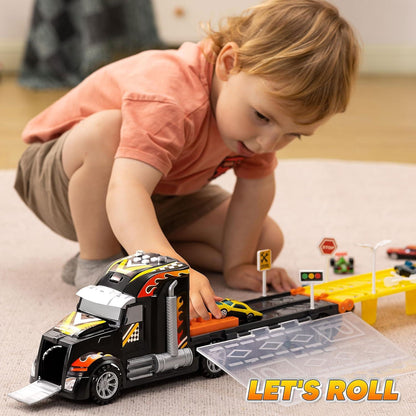 JOYIN Transporter Truck Spielzeugautos Set Jungen 12 Rennautos Sound LED