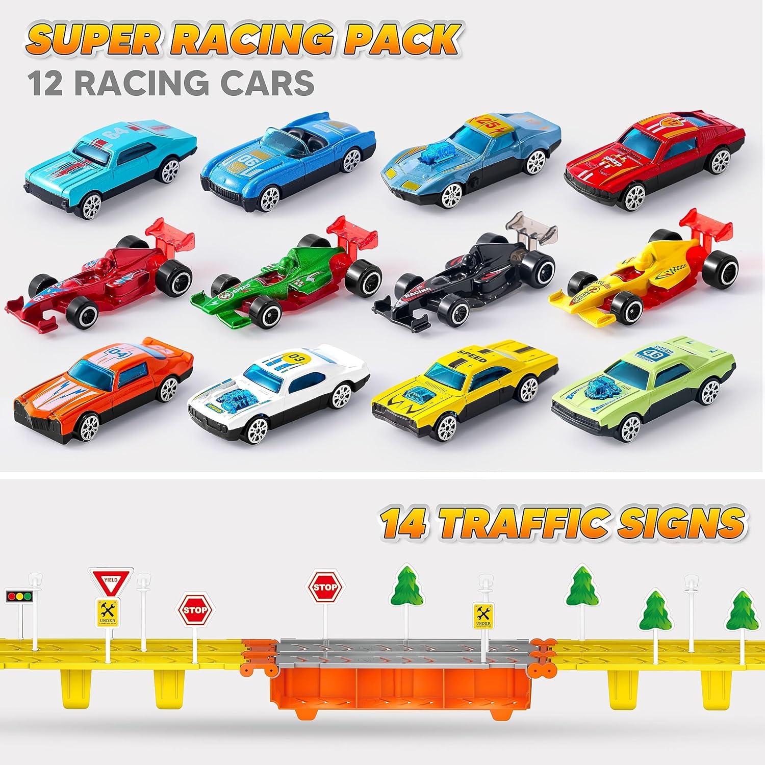 JOYIN Transporter Truck Spielzeugautos Set Jungen 12 Rennautos Sound LED
