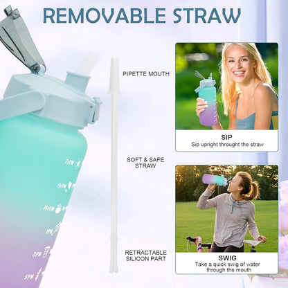 KETIEE Trinkflasche 2L: Große Wasserflasche mit Strohhalm, Zeitmarkierung, BPA-frei - Sportflasche für Fitness und Camping