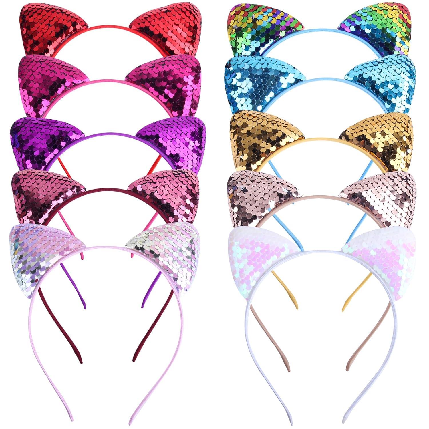 Glitzer Katzenohren Haarreif Set Pailletten Cat Ears Stirnbänder