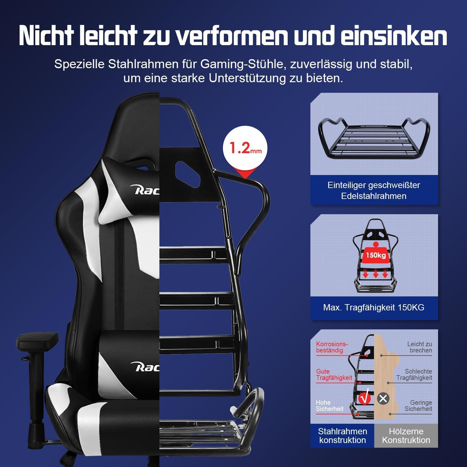 Gaming Stuhl Bürostuhl Ergonomisch mit Lendenkissen Armlehnen 150kg