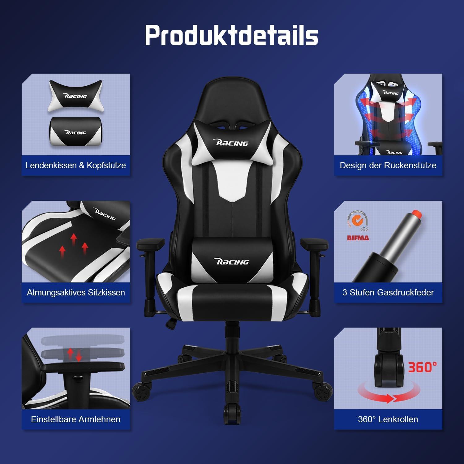 Gaming Stuhl Bürostuhl Ergonomisch mit Lendenkissen Armlehnen 150kg