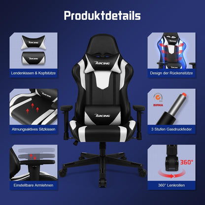Gaming Stuhl Bürostuhl Ergonomisch mit Lendenkissen Armlehnen 150kg