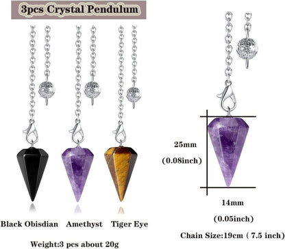 Kristall Pendel Set Amethyst Obsidian Tigerauge Weissagung Reiki